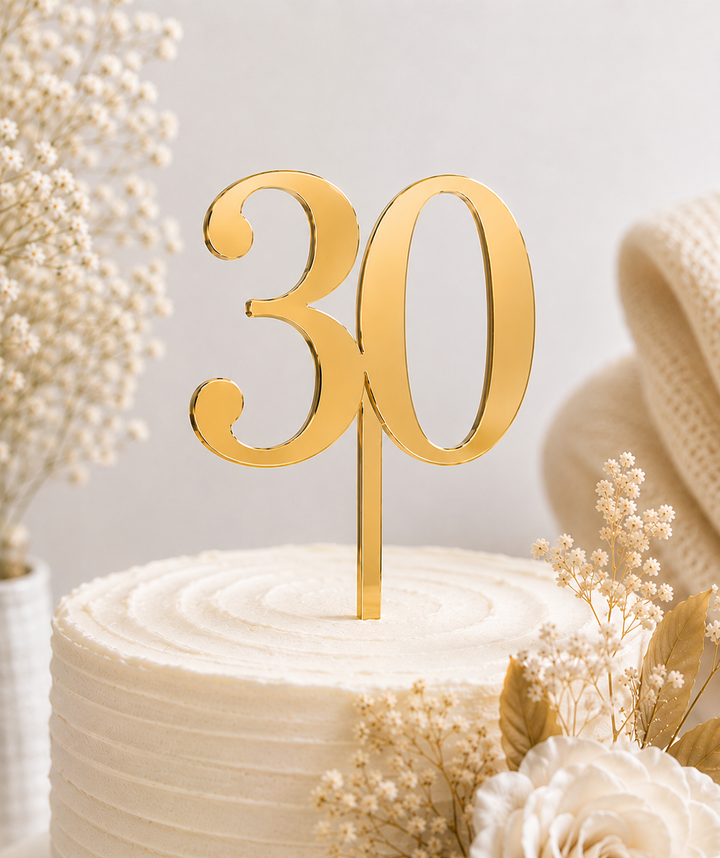 Personalised mirror acrylic number cake topper in gold – laser-cut to order – Etch 'N' Shine