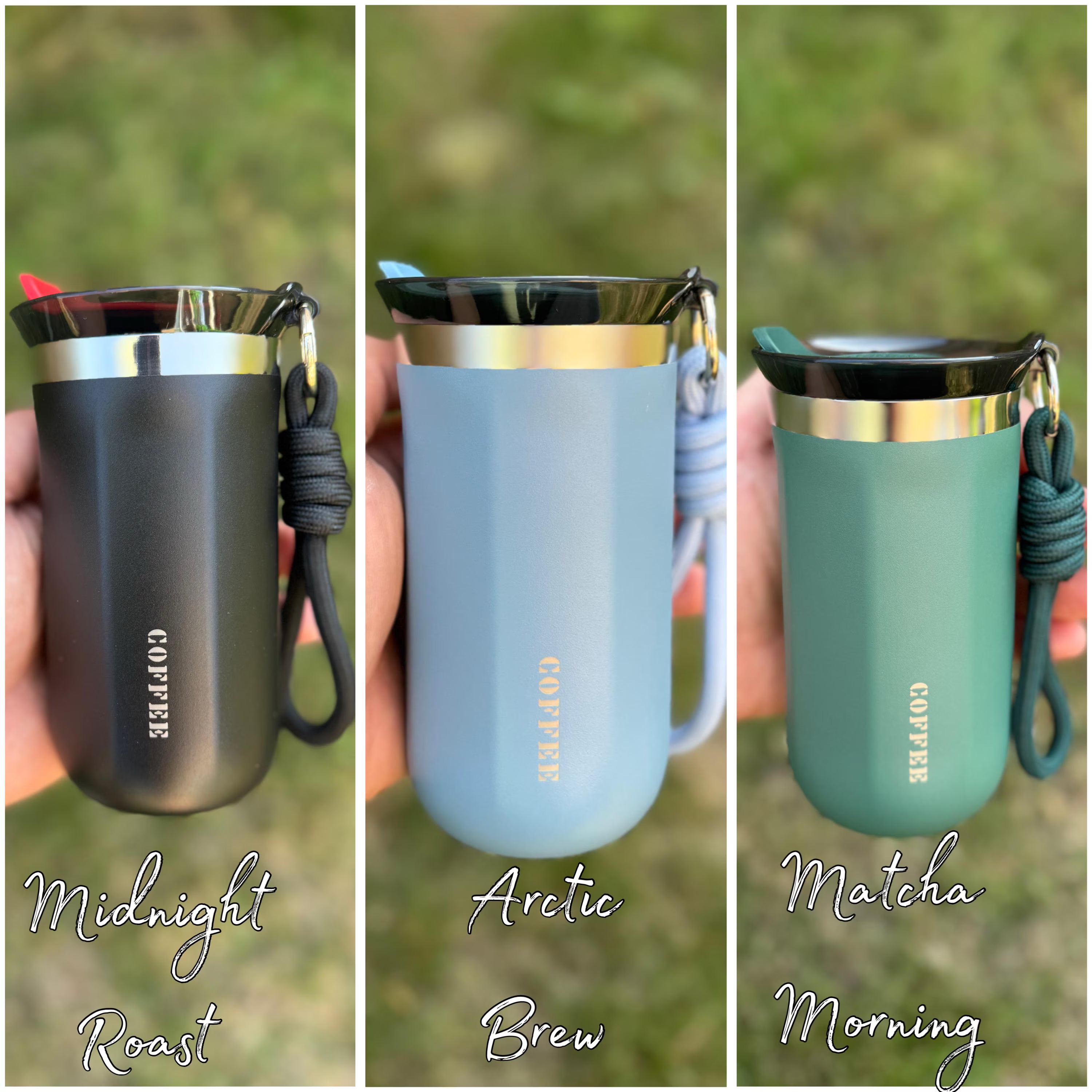 Three insulated stainless steel coffee mugs in black, blue, and green with rope handles, engraved with COFFEE, customisable with engraved names, perfect personalised gift for coffee lovers.