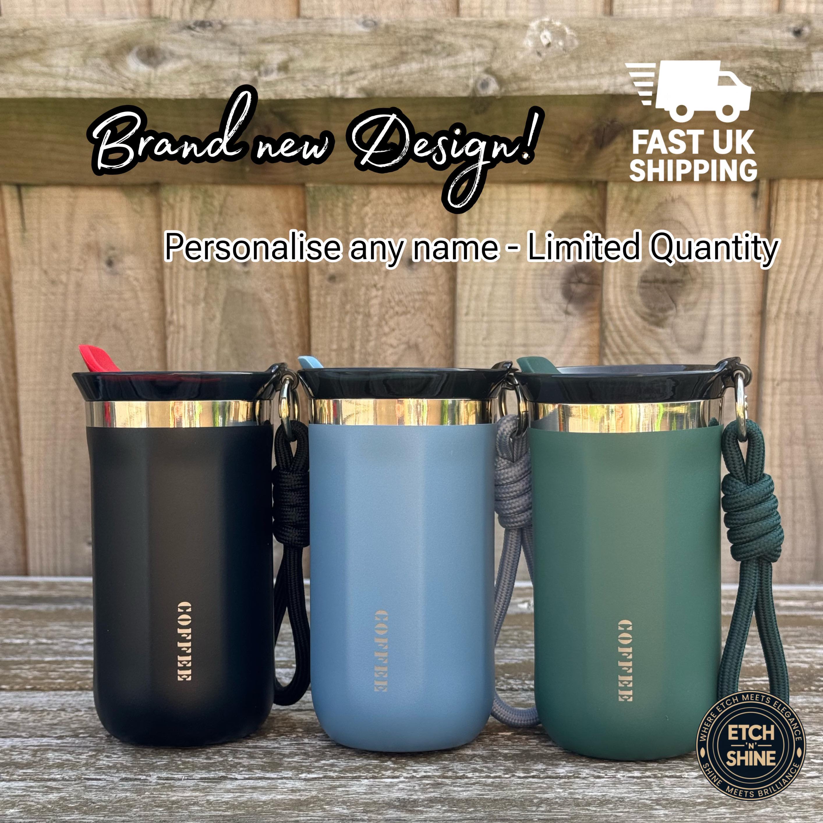 Three insulated stainless steel coffee mugs in black, blue, and green with rope handles, engraved COFFEE text and option for personalised names, great gift for coffee and tea lovers.