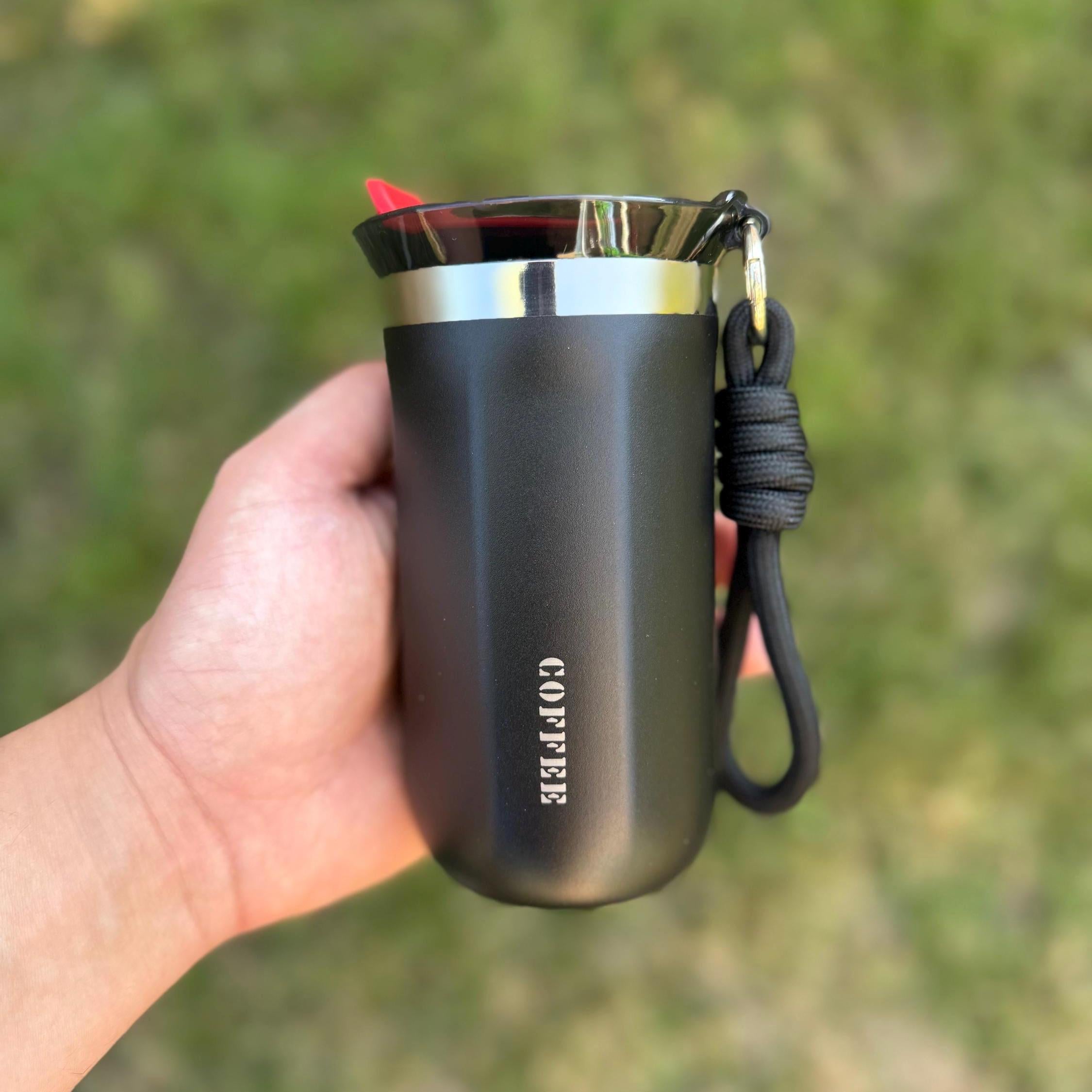 Black insulated stainless steel coffee mug with rope handle and vertical COFFEE engraving, available with custom name engraving, ideal personalised gift for coffee and tea drinkers.