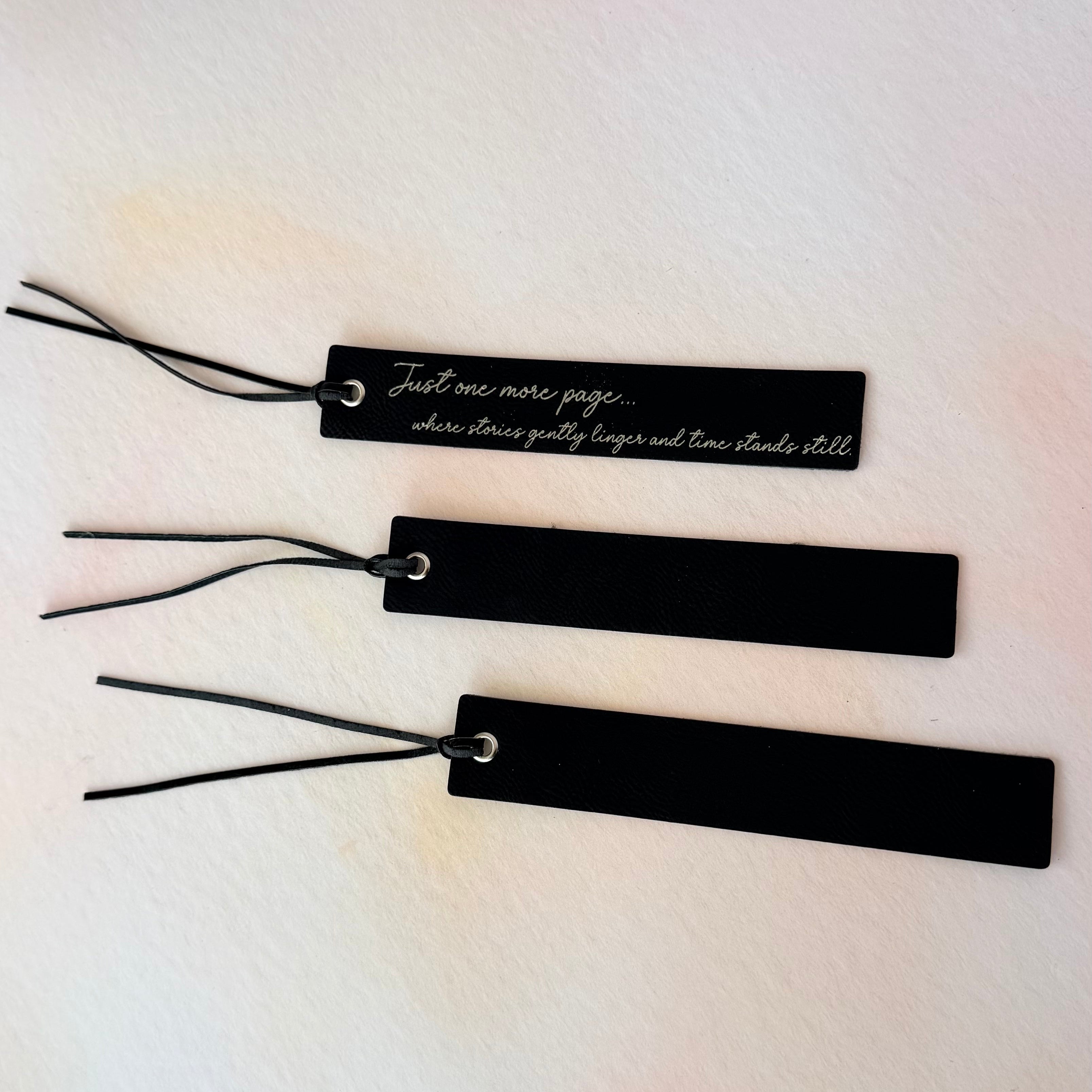 Black bookmarks with text on a light background