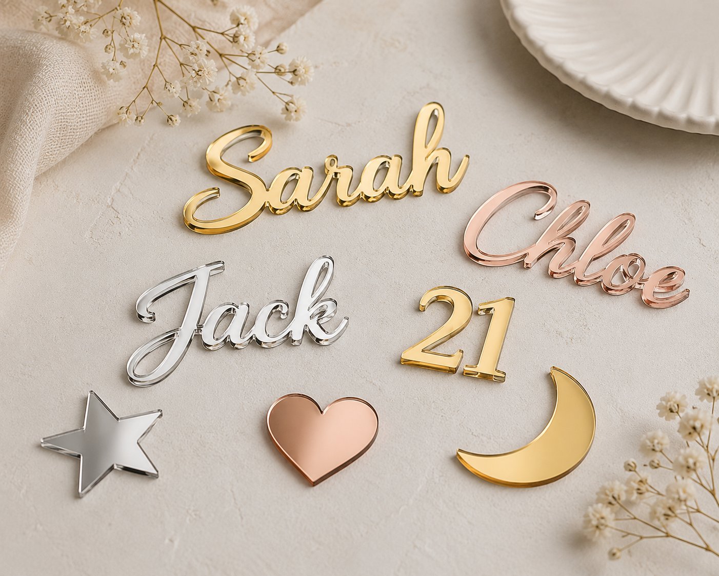 Personalised mirror acrylic cake charms – 3cm to 6cm in gold, rose gold or silver – Etch 'N' Shine
