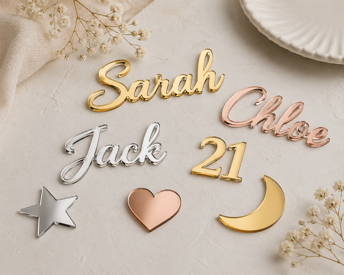 Personalised mirror acrylic cake charms – 3cm to 6cm in gold, rose gold or silver – Etch 'N' Shine
