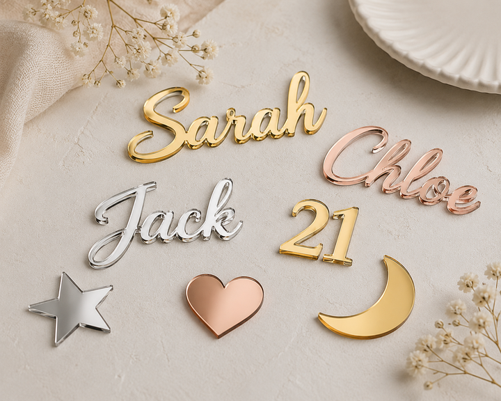 Personalised mirror acrylic cake charms – 3cm to 6cm in gold, rose gold or silver – Etch 'N' Shine