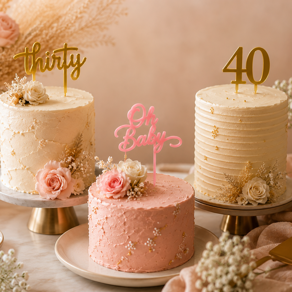 Three cakes with decorative toppers on a table with flowers and candles. Etch 'N' Shine
