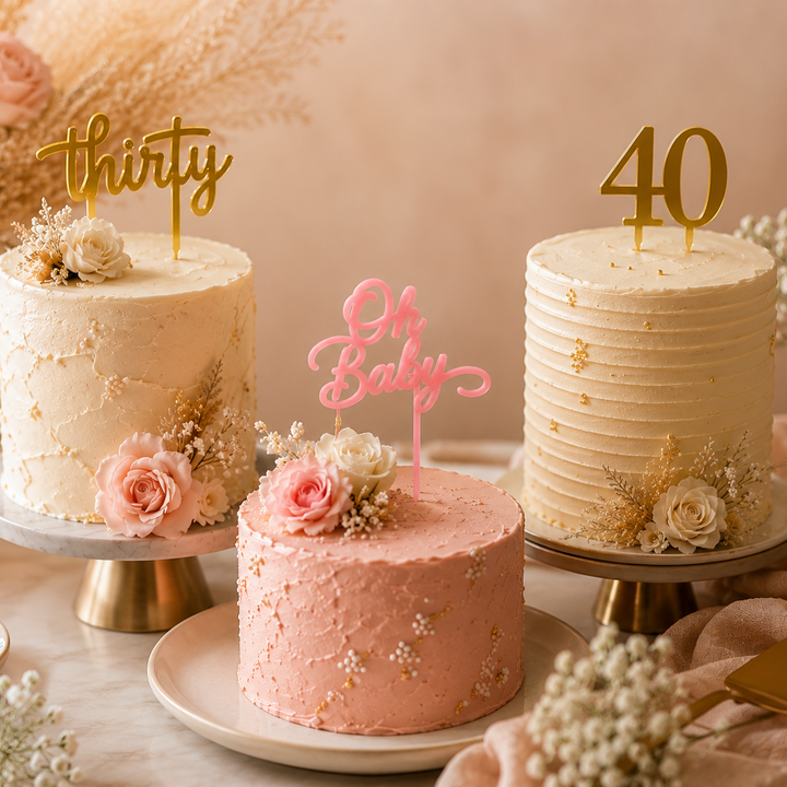 Three cakes with decorative toppers on a table with flowers and candles. Etch 'N' Shine
