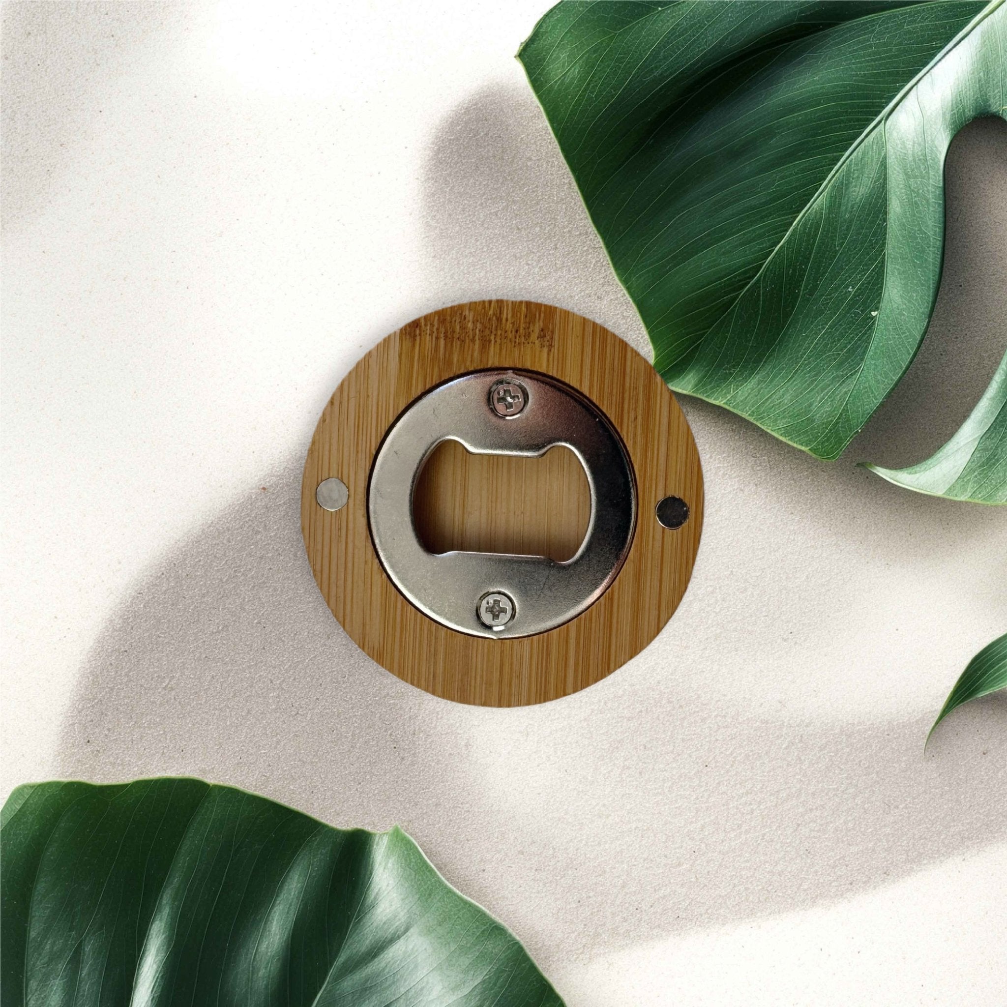 Reverse of round bamboo disc showing metal opener and magnets – bamboo bottle opener – Etch 'N' Shine
