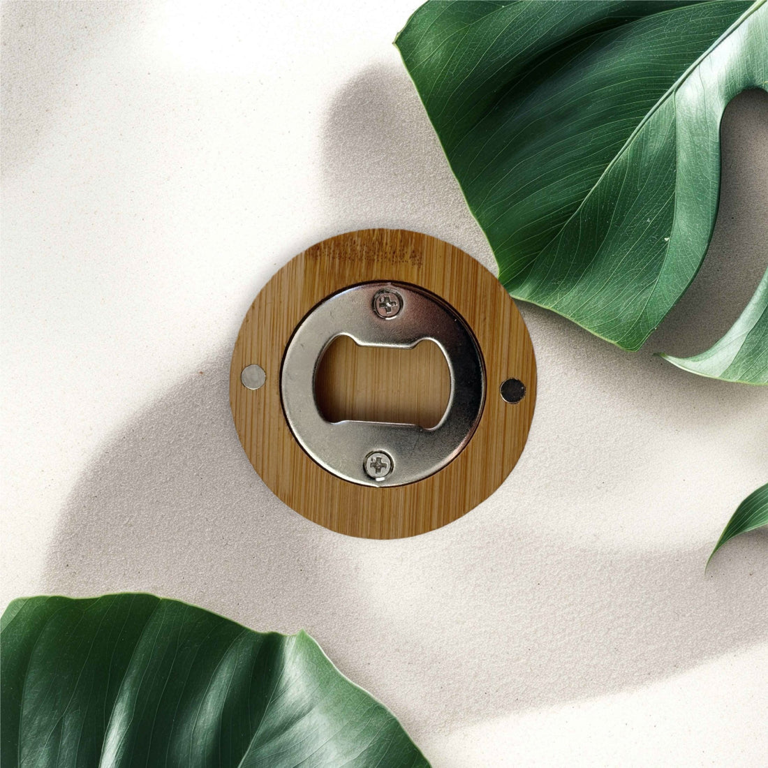 Reverse of round bamboo disc showing metal opener and magnets – bamboo bottle opener – Etch 'N' Shine