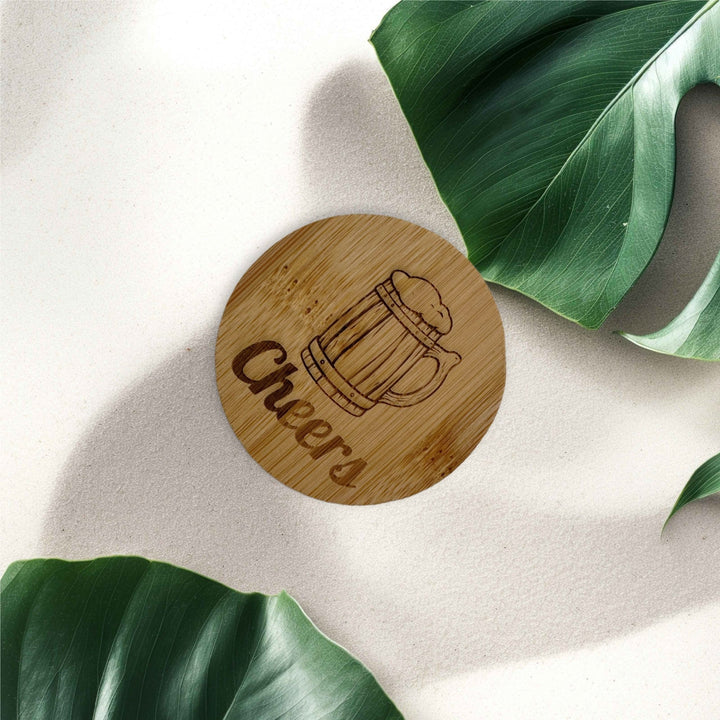 Round bamboo bottle opener with custom text and beer mug graphic – engraved bamboo bottle opener – Etch 'N' Shine