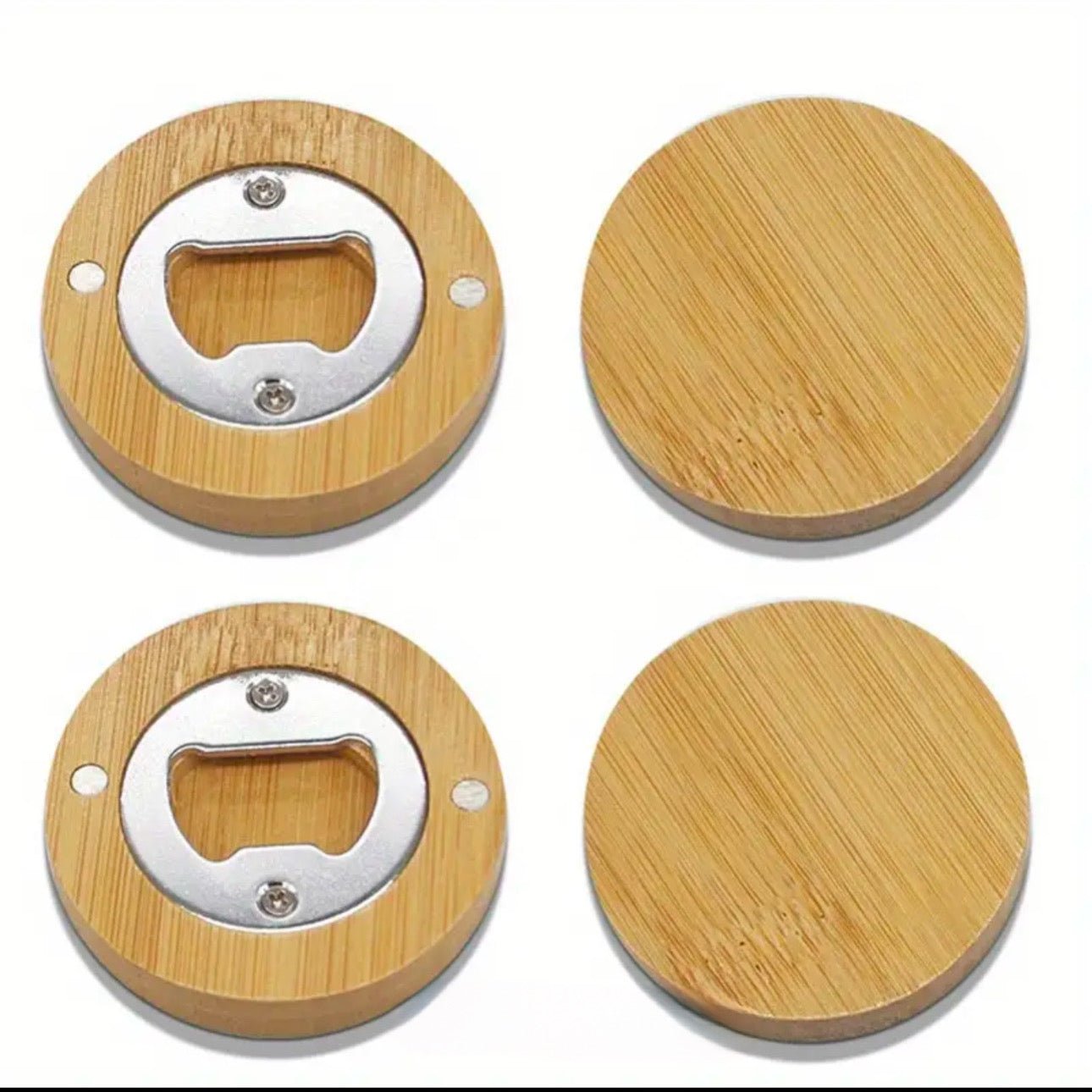 Front and back views of round bamboo bottle opener – personalised bamboo bottle opener – Etch 'N' Shine