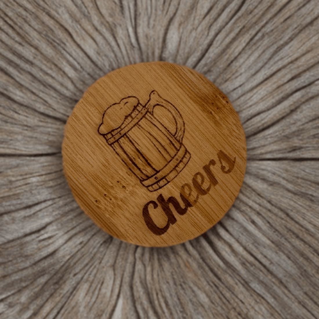 Round bamboo bottle opener engraved with beer mug graphic and custom text on a wood grain surface – Etch 'N' Shine