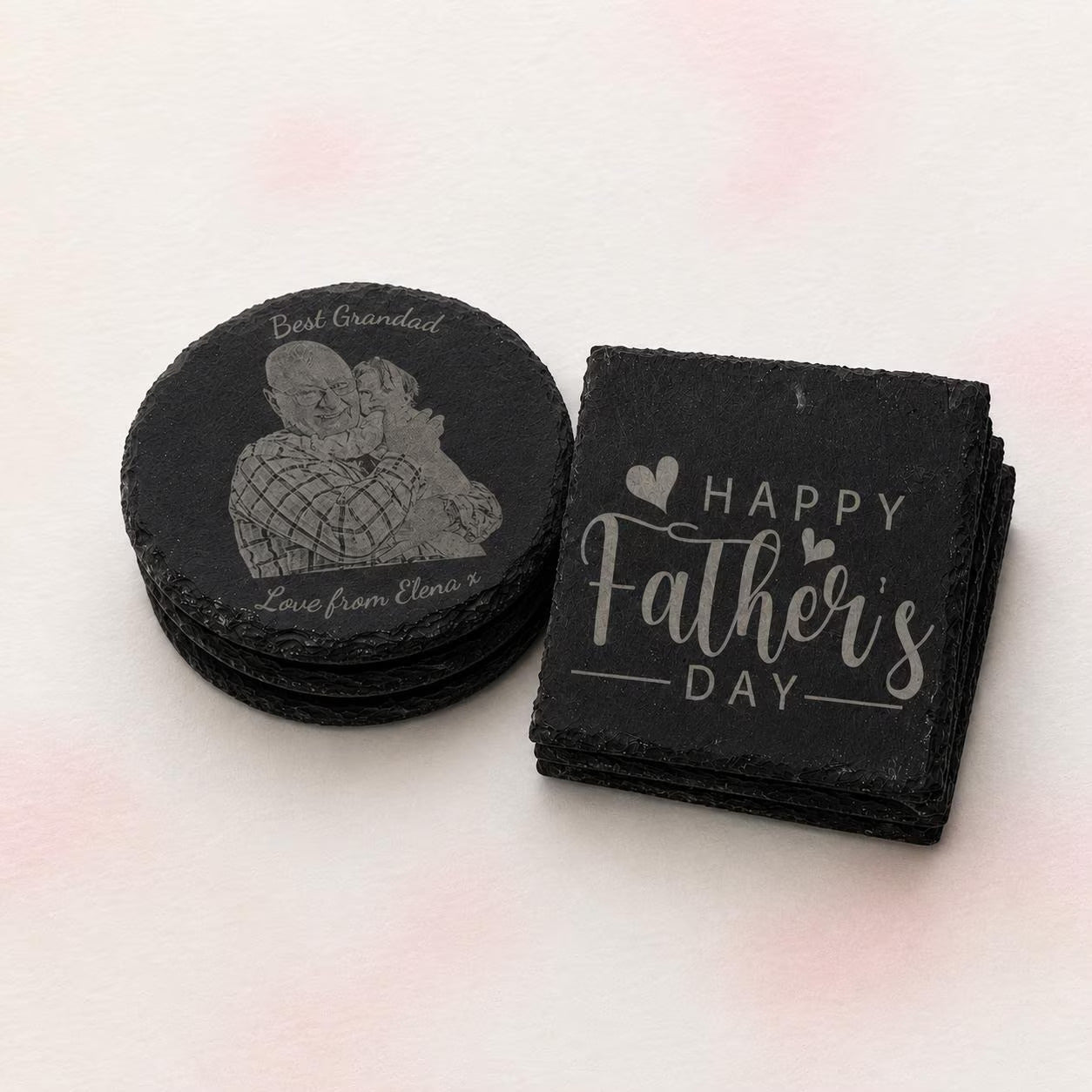 Set of dark engraved slate coasters on a white background – personalised engraved coasters – Etch 'N' Shine