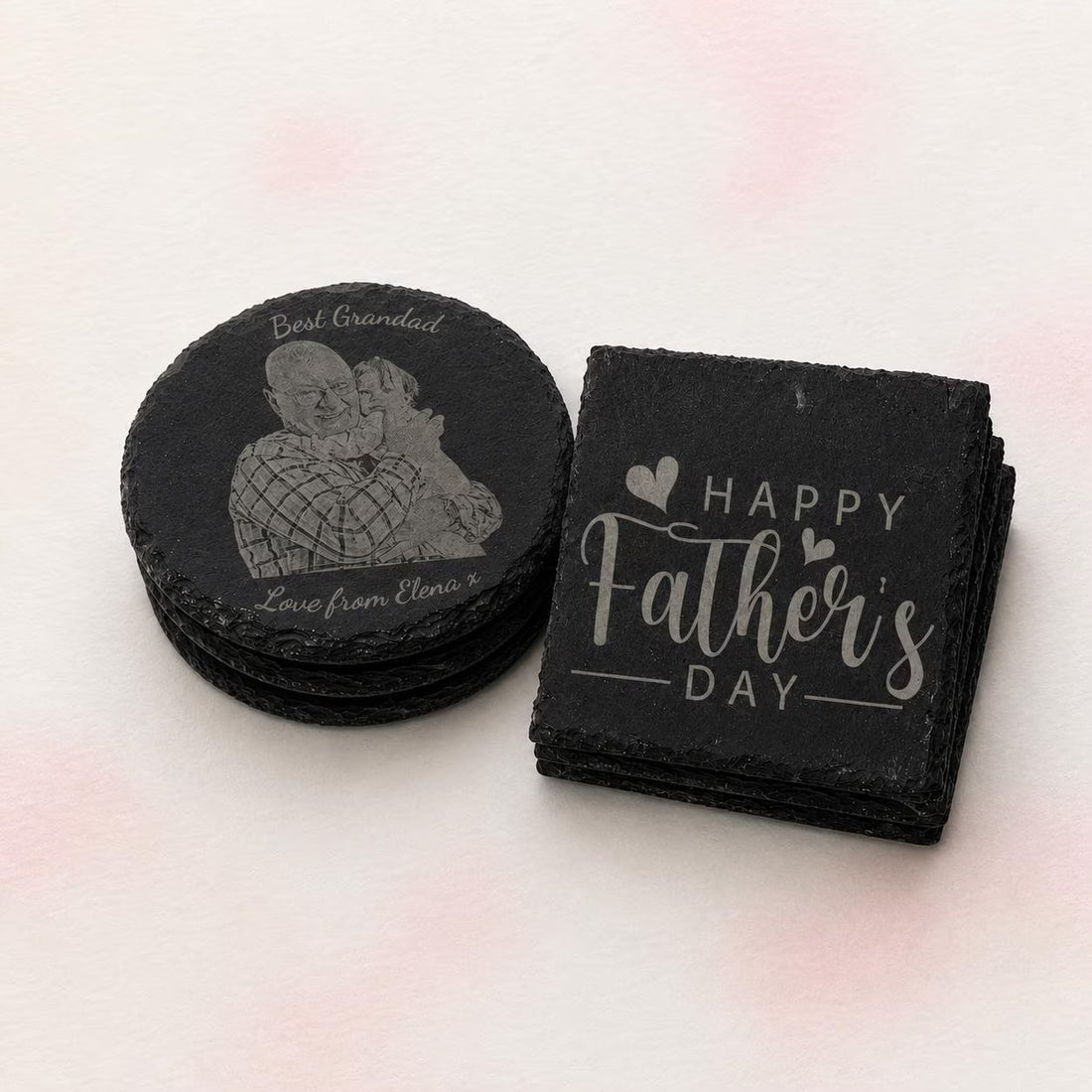 Set of dark engraved slate coasters on a white background – personalised engraved coasters – Etch 'N' Shine