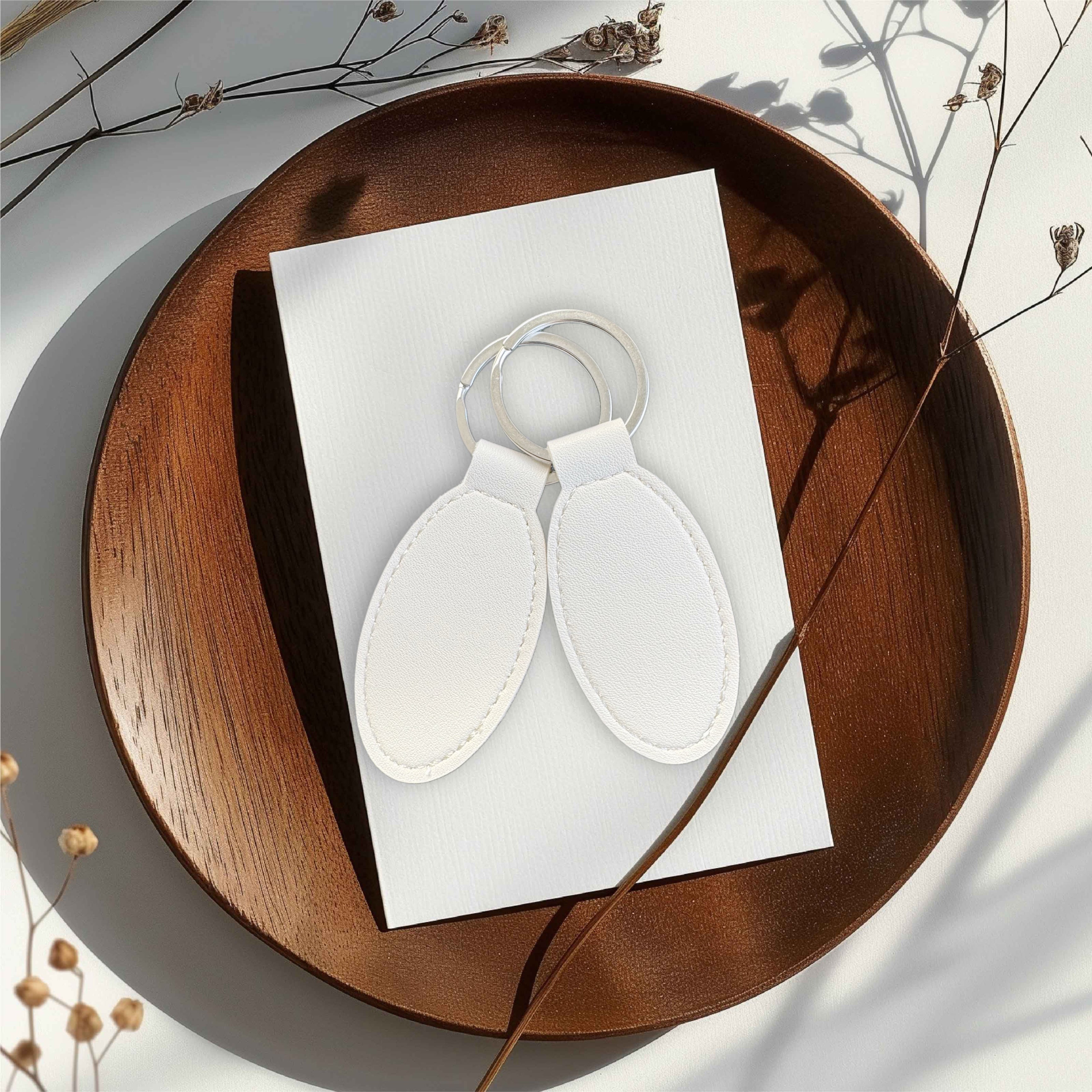 Cream TPU Leather Oval Keychain