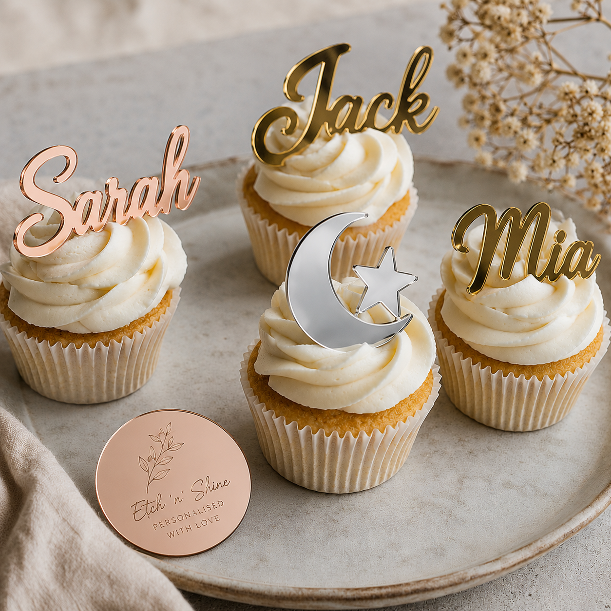 Personalised mirror acrylic cupcake charms – sets of 1, 2, 4 or 6 in gold, rose gold or silver – Etch 'N' Shine
