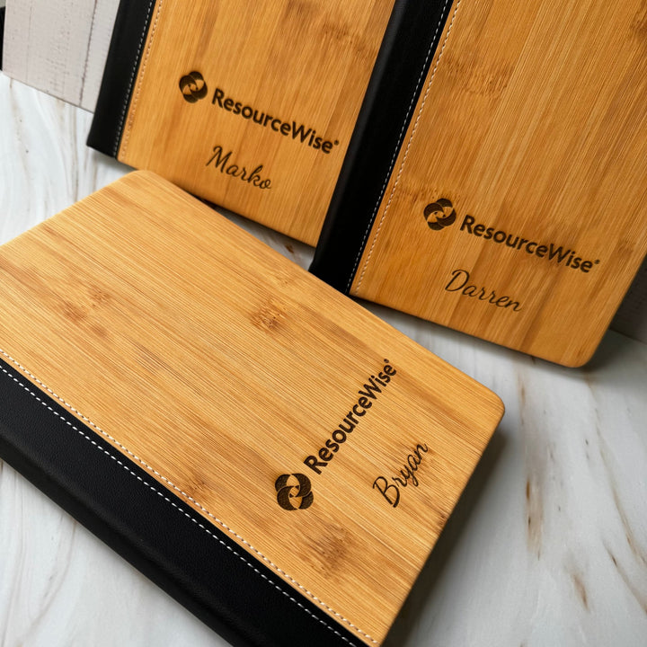 Three bamboo and leather notebooks with custom logo and name – personalised corporate notebook – Etch 'N' Shine