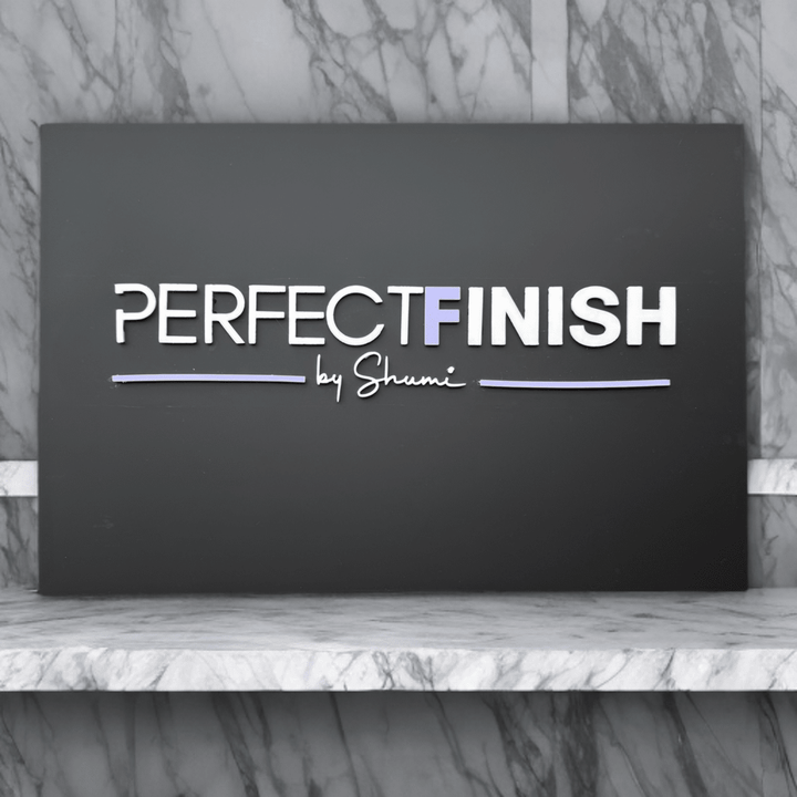 Dark acrylic business sign with custom brand name on a marble shelf – personalised acrylic sign – Etch 'N' Shine