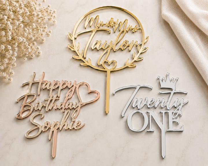Personalised custom mirror acrylic cake topper – upload your design, laser-cut to order – Etch 'N' Shine