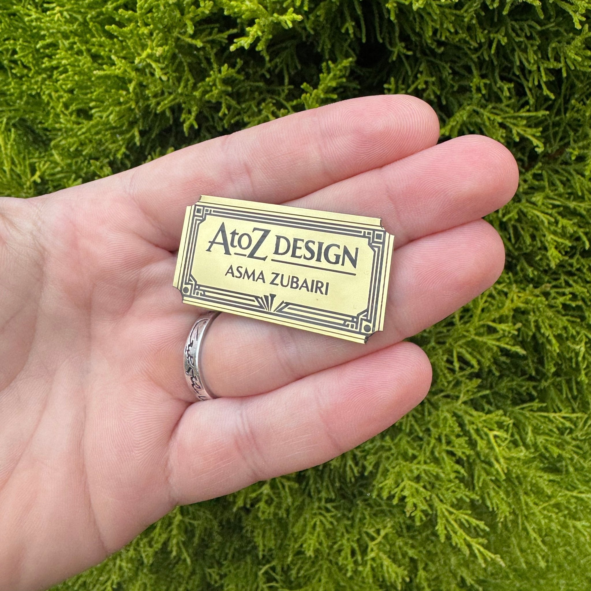 Laser-engraved brass plaque with custom name and logo, decorative border detail – personalised brass plaque – Etch 'N' Shine