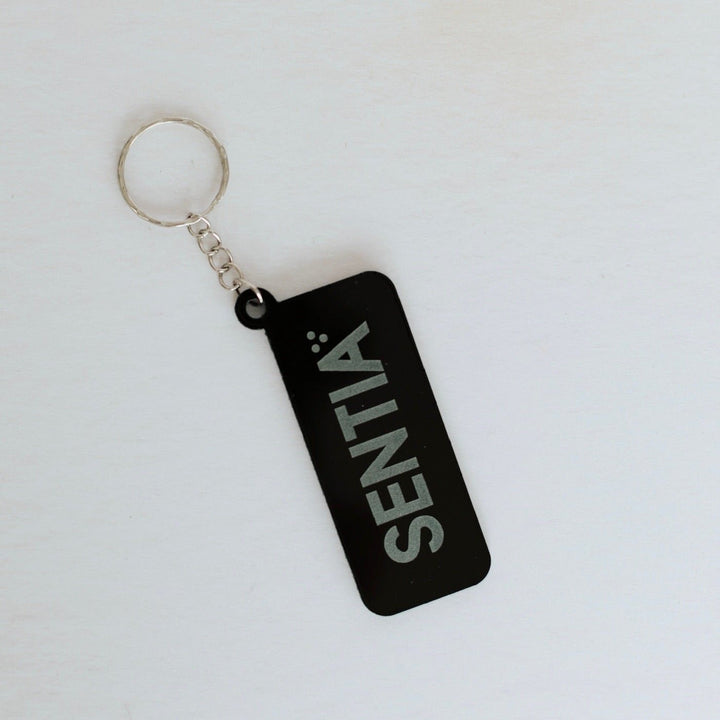 Black acrylic tag with custom name and silver split ring – personalised NFC keyring – Etch 'N' Shine