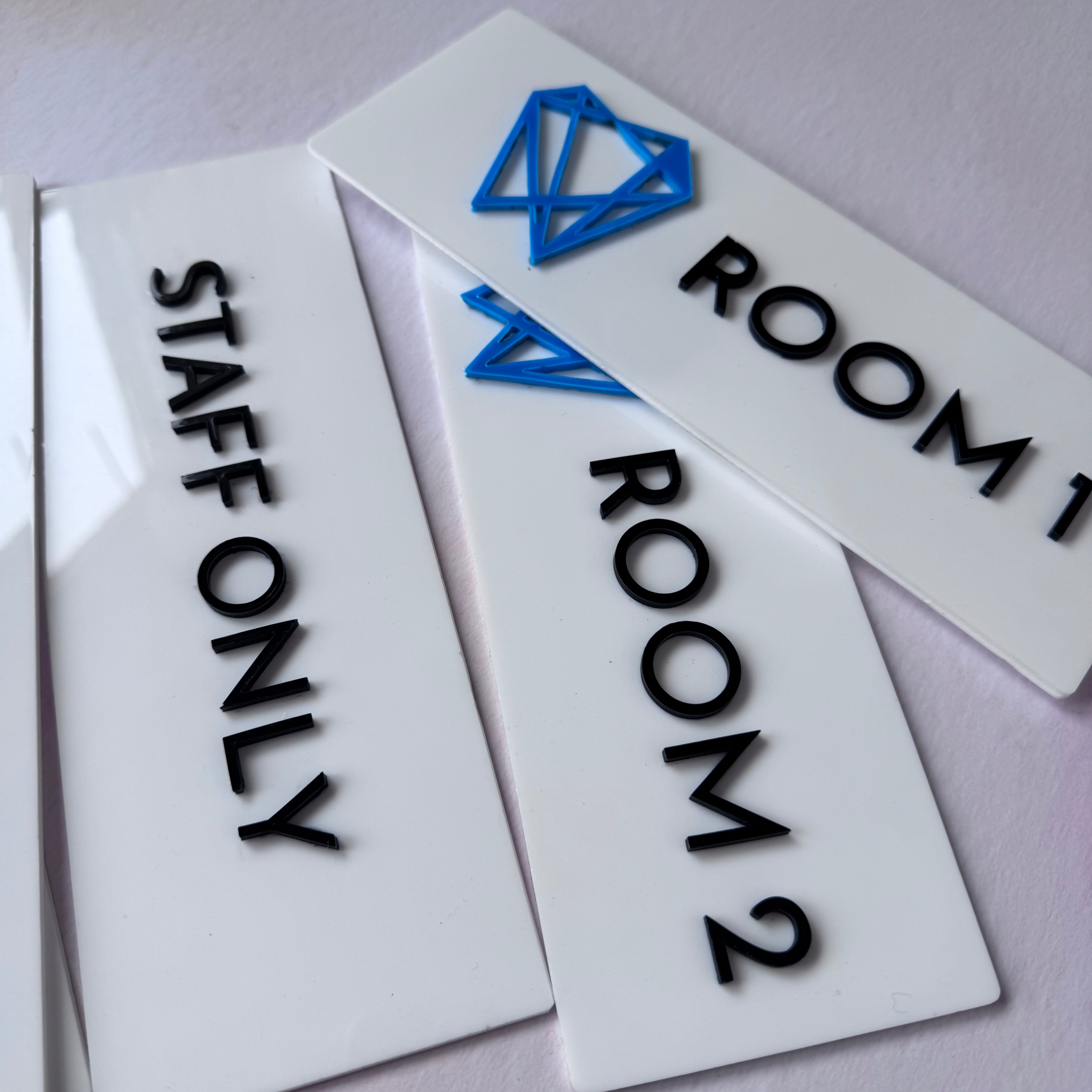 White acrylic signs with custom text and logo – personalised acrylic door signs – Etch 'N' Shine