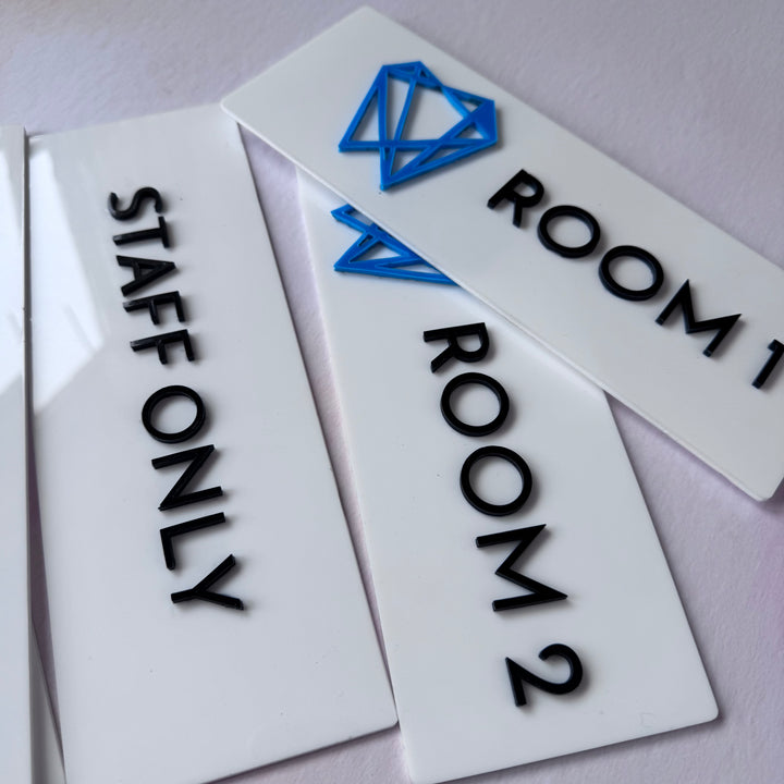White acrylic signs with custom text and logo – personalised acrylic door signs – Etch 'N' Shine