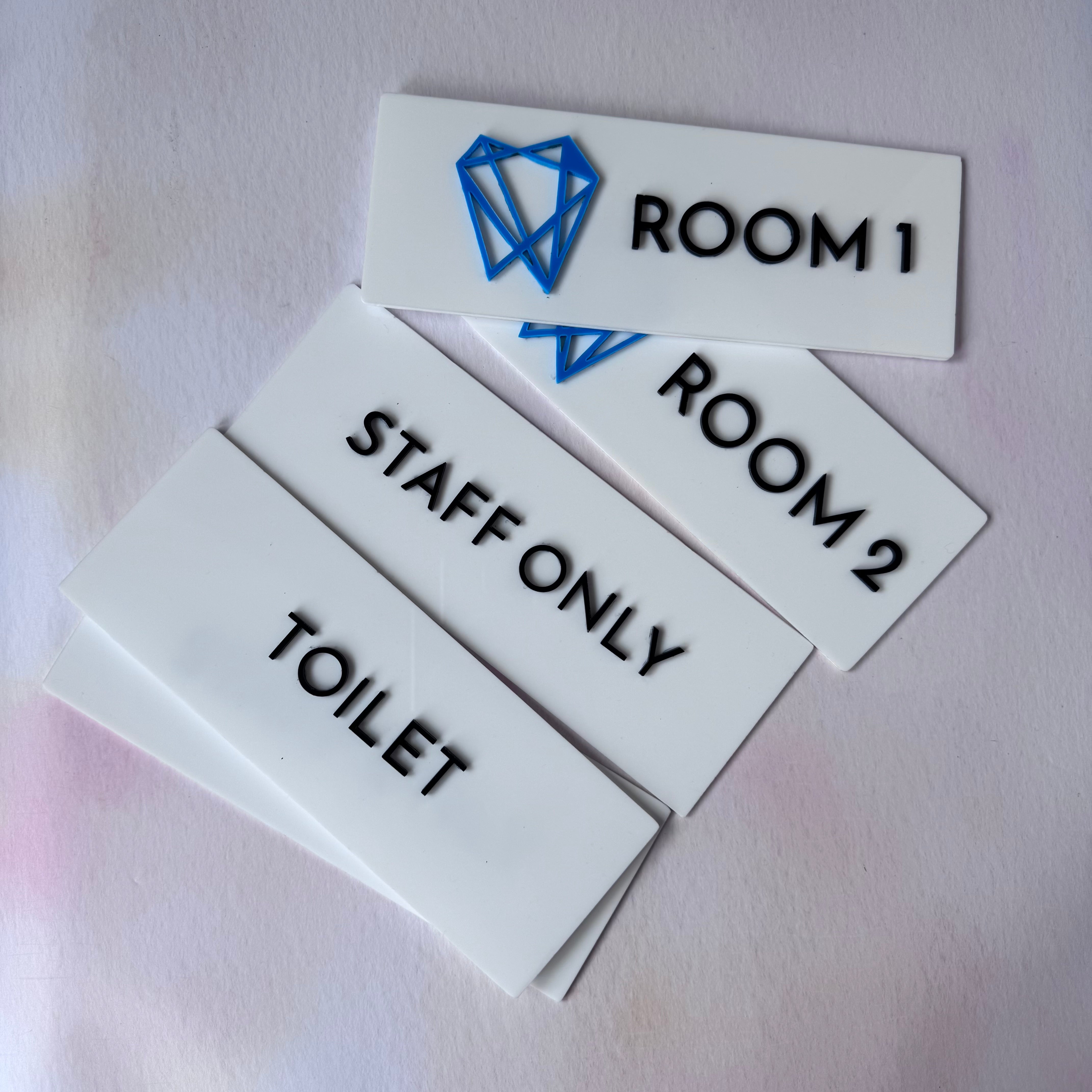 White acrylic signs with custom text and logo – personalised acrylic door signs – Etch 'N' Shine