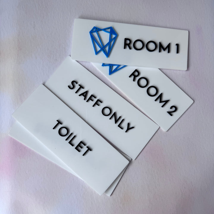 White acrylic signs with custom text and logo – personalised acrylic door signs – Etch 'N' Shine