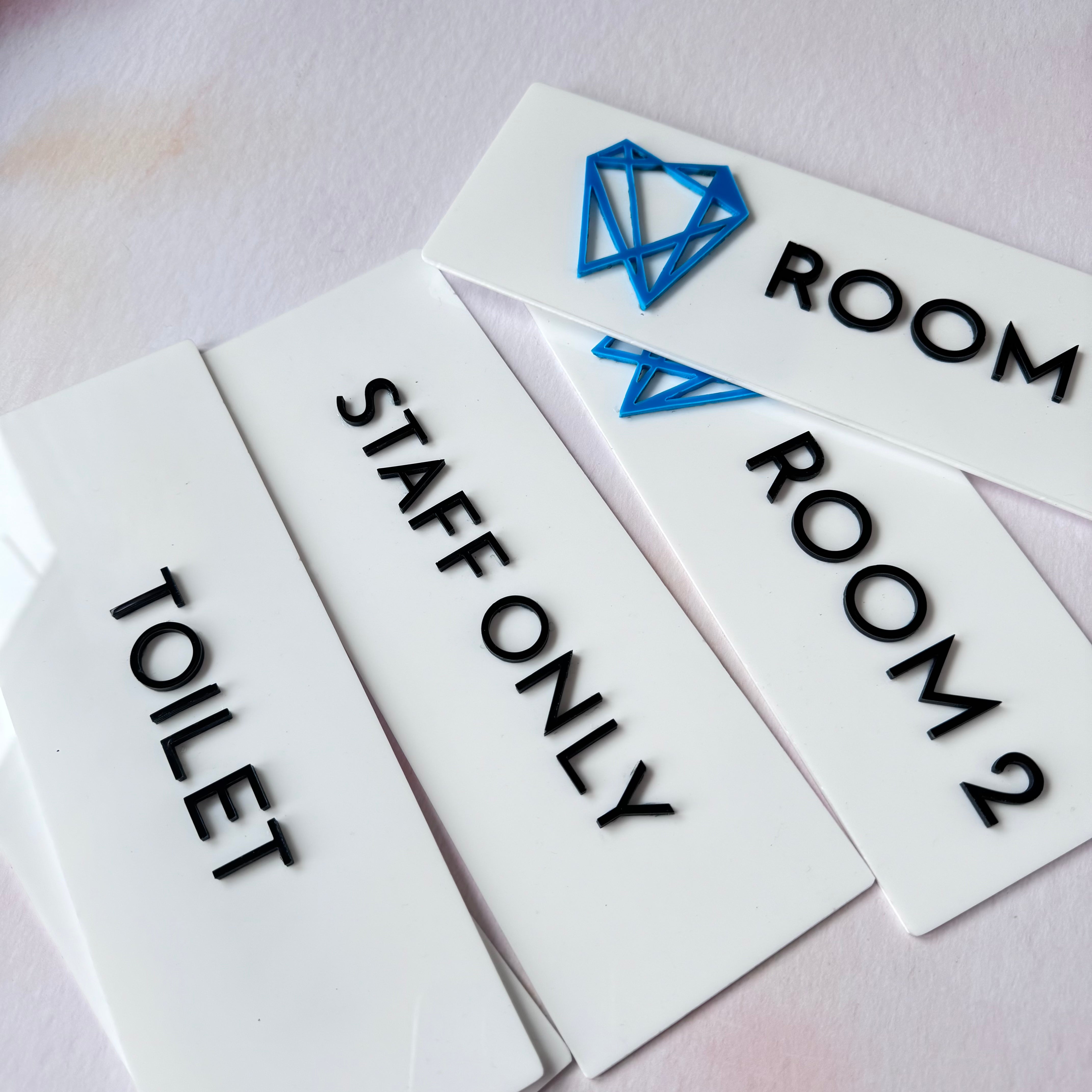 White acrylic door signs with custom text and logo – personalised acrylic signs – Etch 'N' Shine