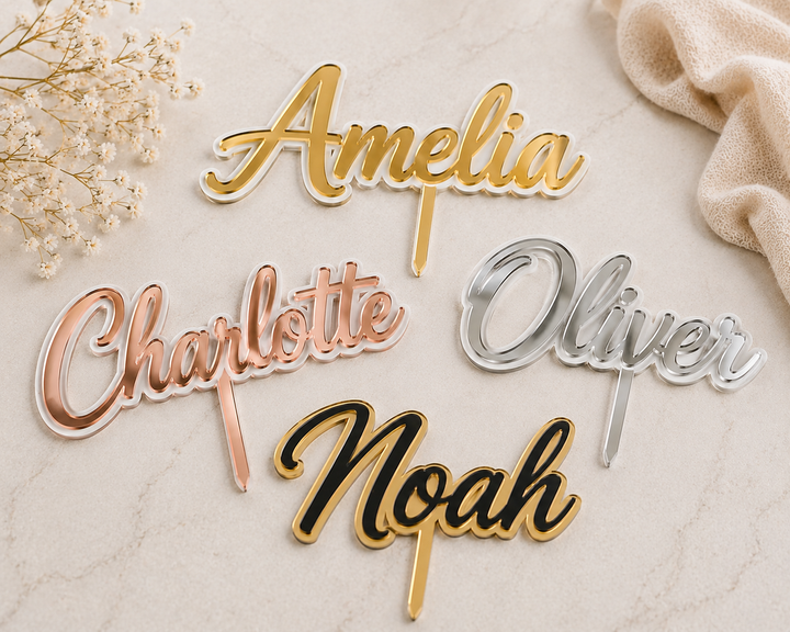 Personalised double layer mirror acrylic name cake topper – name with outline halo backing – Etch 'N' Shine