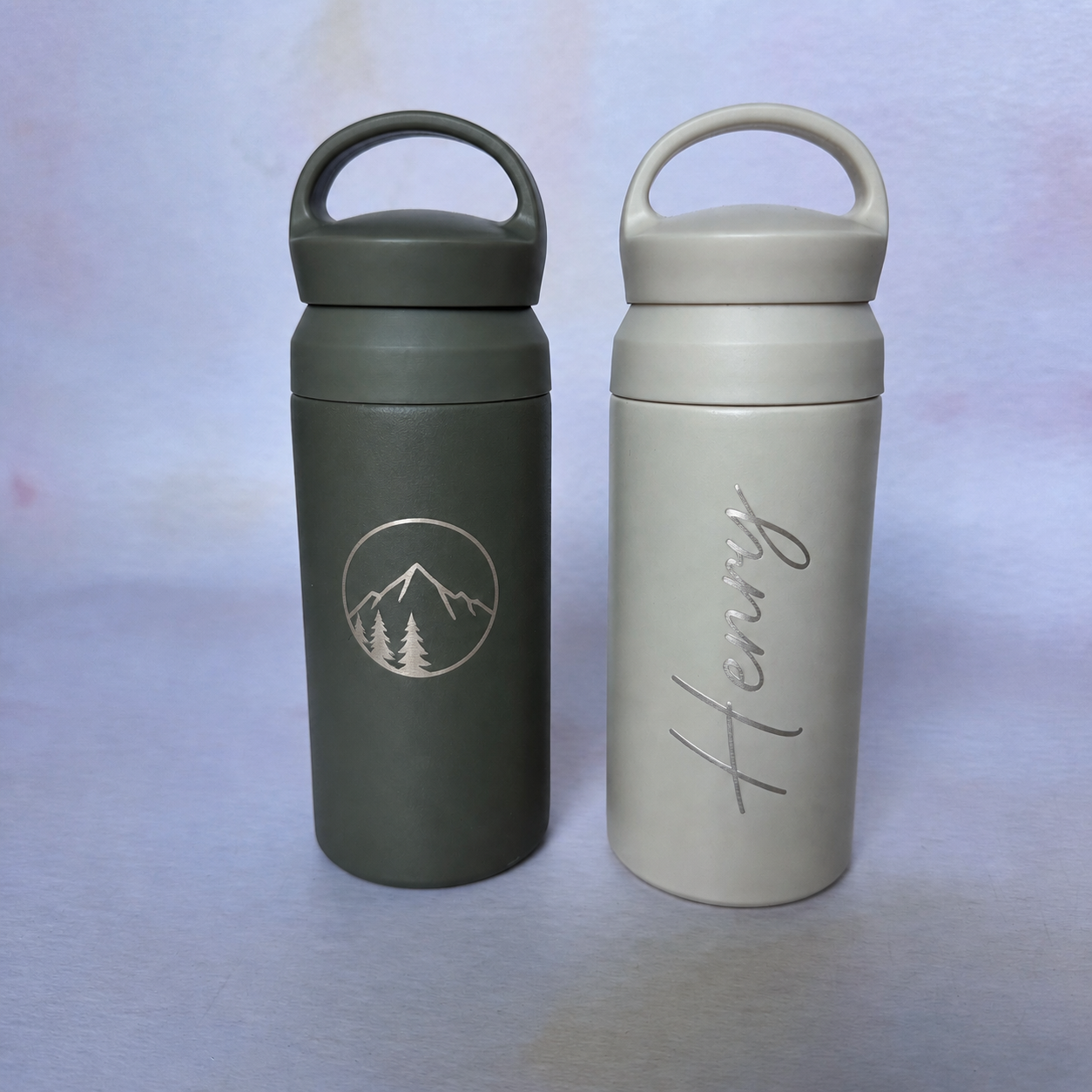 Personalised engraved stainless steel travel mugs with dual carry handles – personalised travel mugs – Etch 'N' Shine