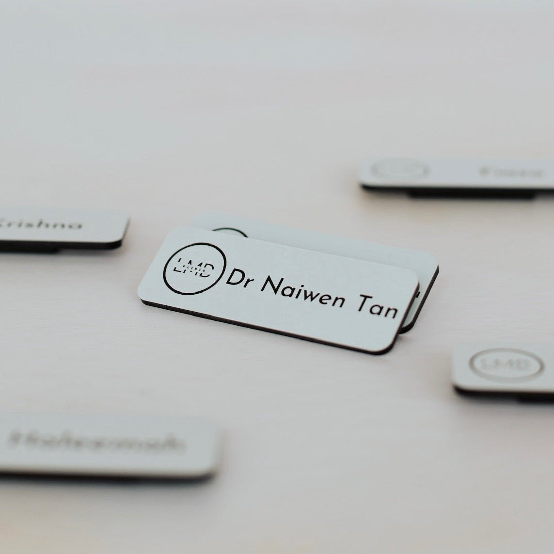 Engraved acrylic name badges with custom text and logo – personalised magnetic name badge – Etch 'N' Shine
