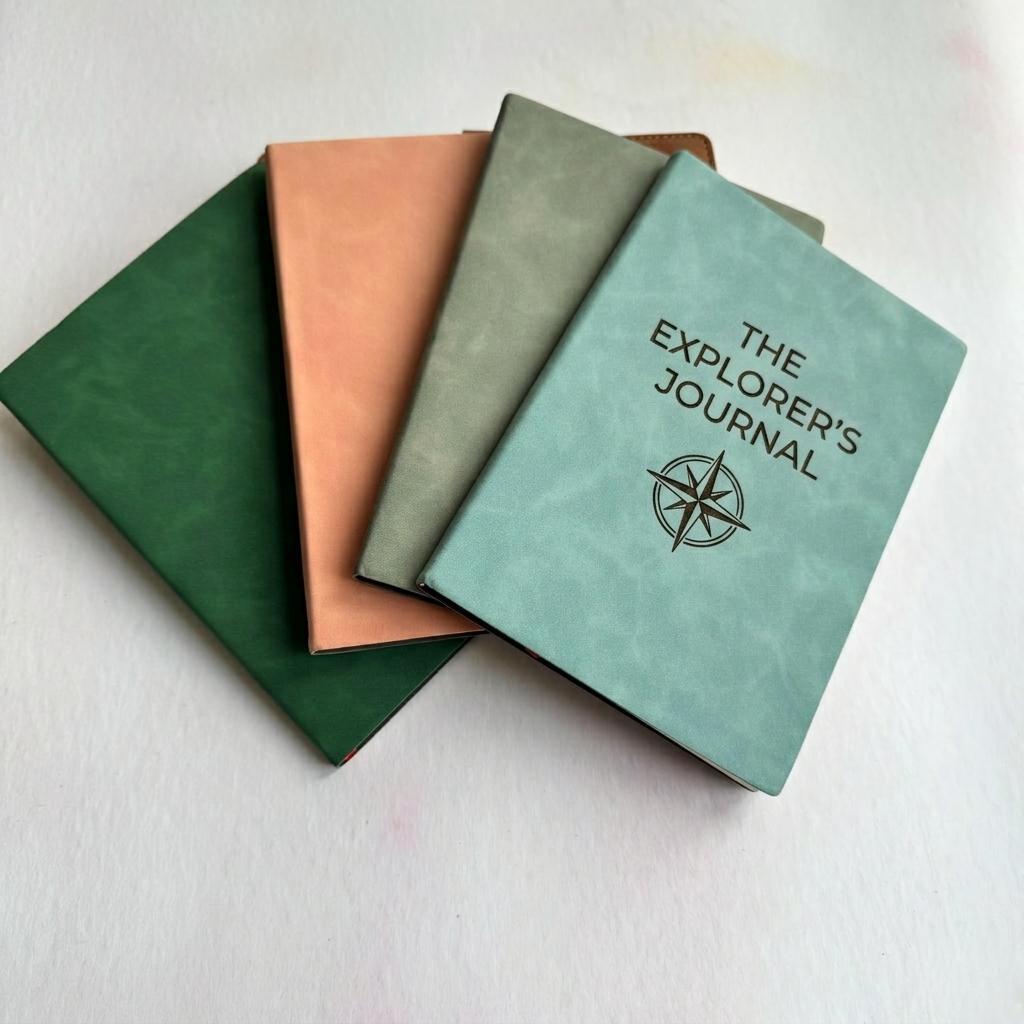 Set of personalised engraved journals in assorted colours laid flat – personalised leather journals – Etch 'N' Shine