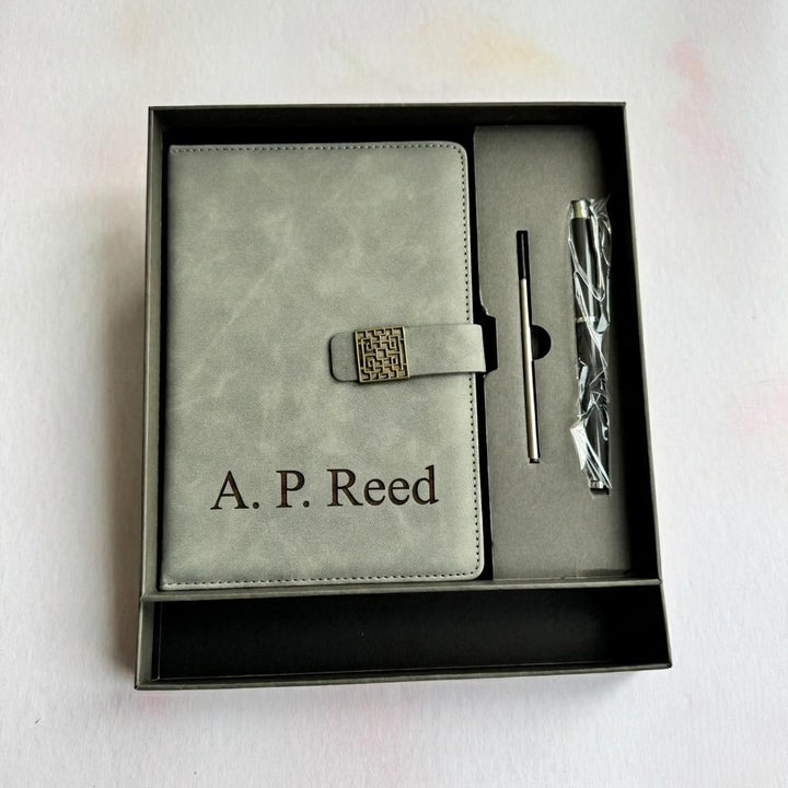 Personalised engraved leather notebook set displayed on a dark surface – personalised notebook gift set – Etch 'N' Shine
