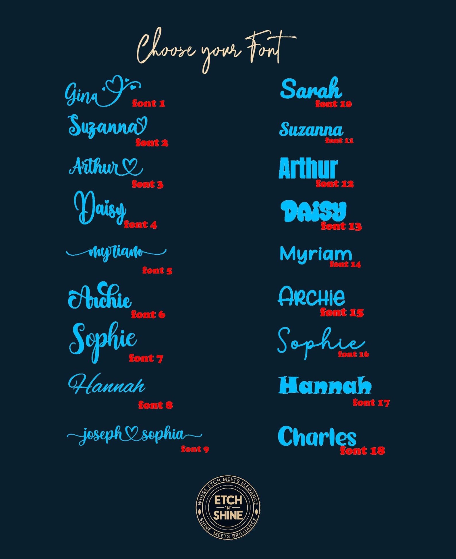 Sheet of names with various fonts on a dark blue background, featuring the brand 'Etch & Shine'.