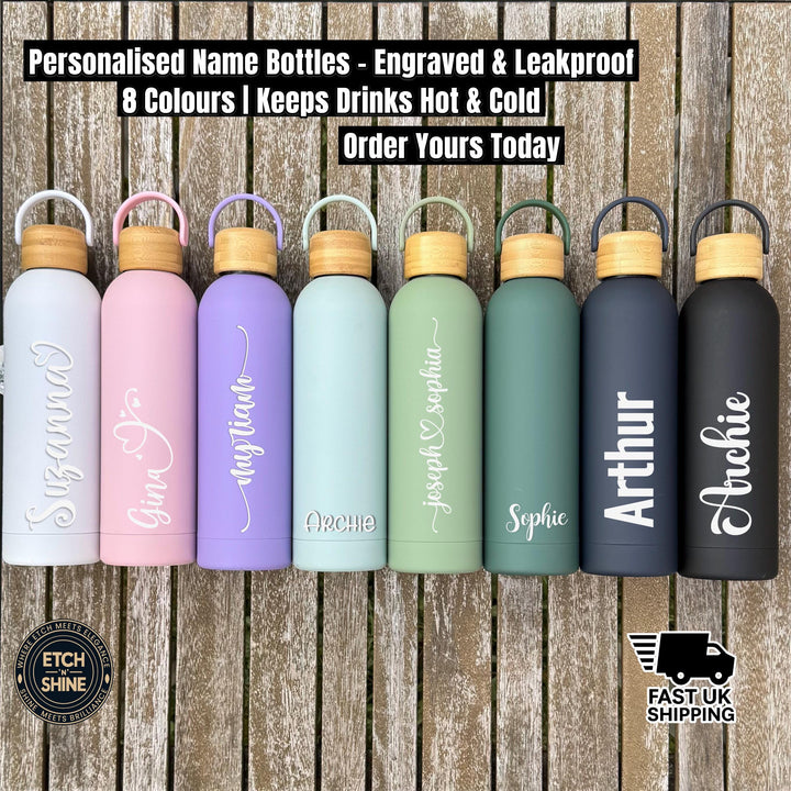 Personalised engraved name bottles – 8 colour options with bamboo lids. Keeps drinks hot or cold. Ideal for gym, school, work or custom gifts