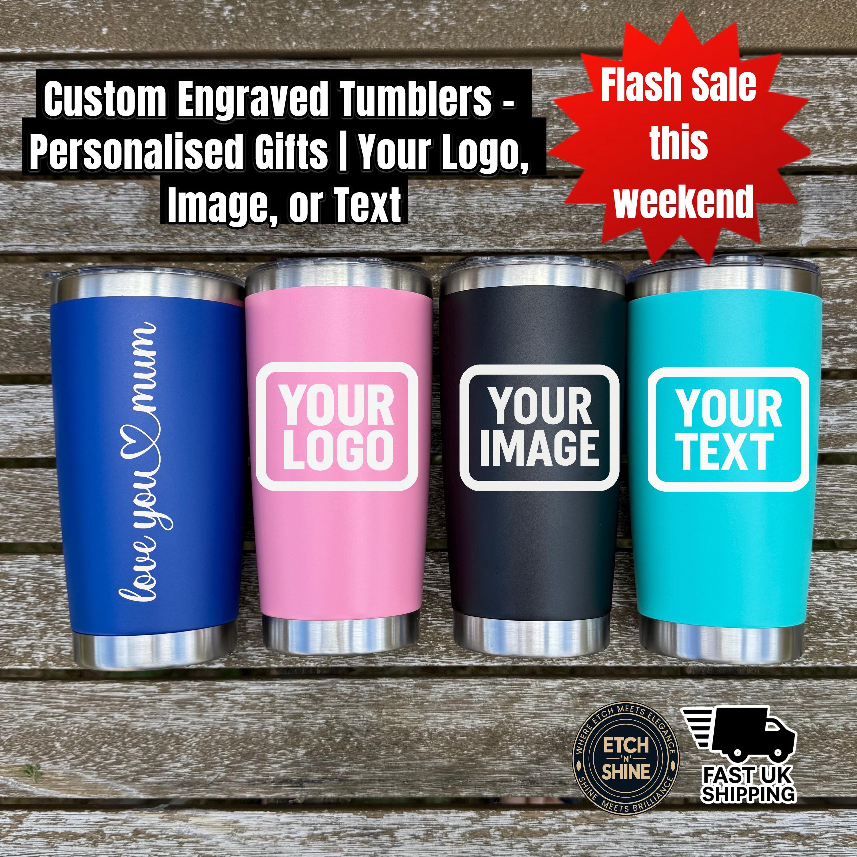 Personalised stainless steel travel tumblers – custom engraved with your logo, text, or image. Ideal corporate or personal gift with hot & cold insulation.