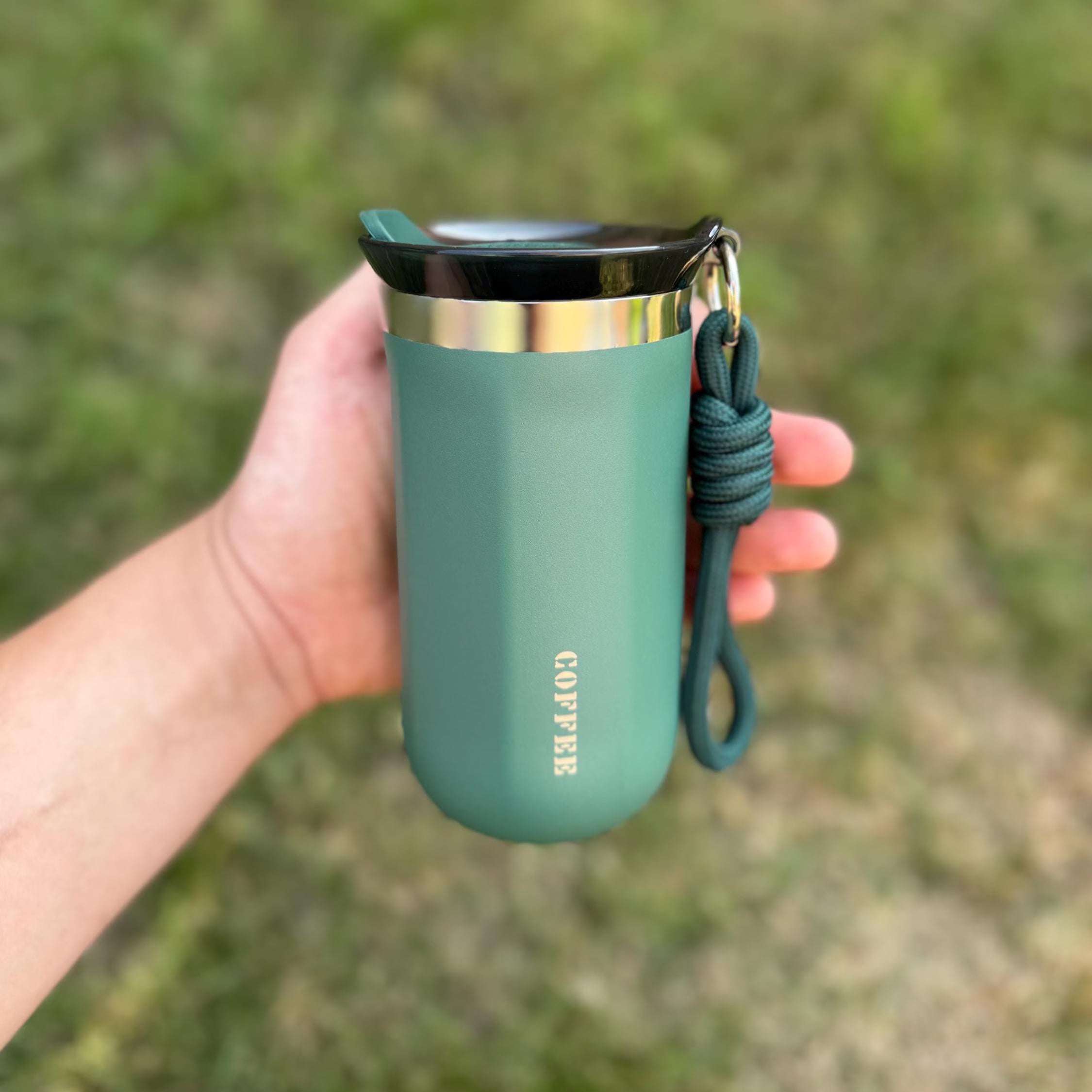 Green insulated stainless steel coffee mug with rope handle and COFFEE engraving, can be customised with engraved names, stylish gift for coffee lovers.