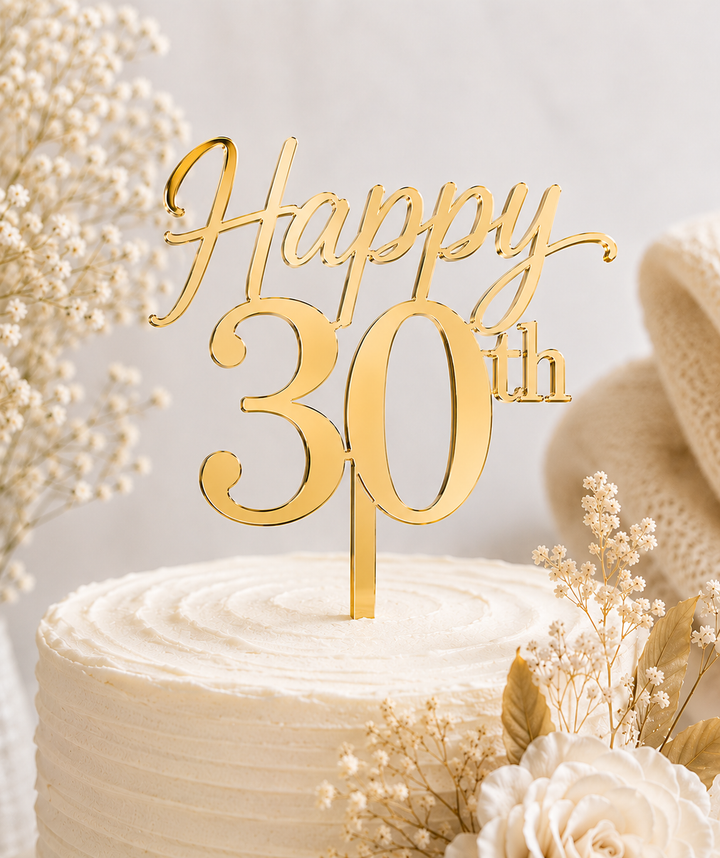 Personalised mirror acrylic happy birthday age cake topper – laser-cut in gold, rose gold or silver – Etch 'N' Shine