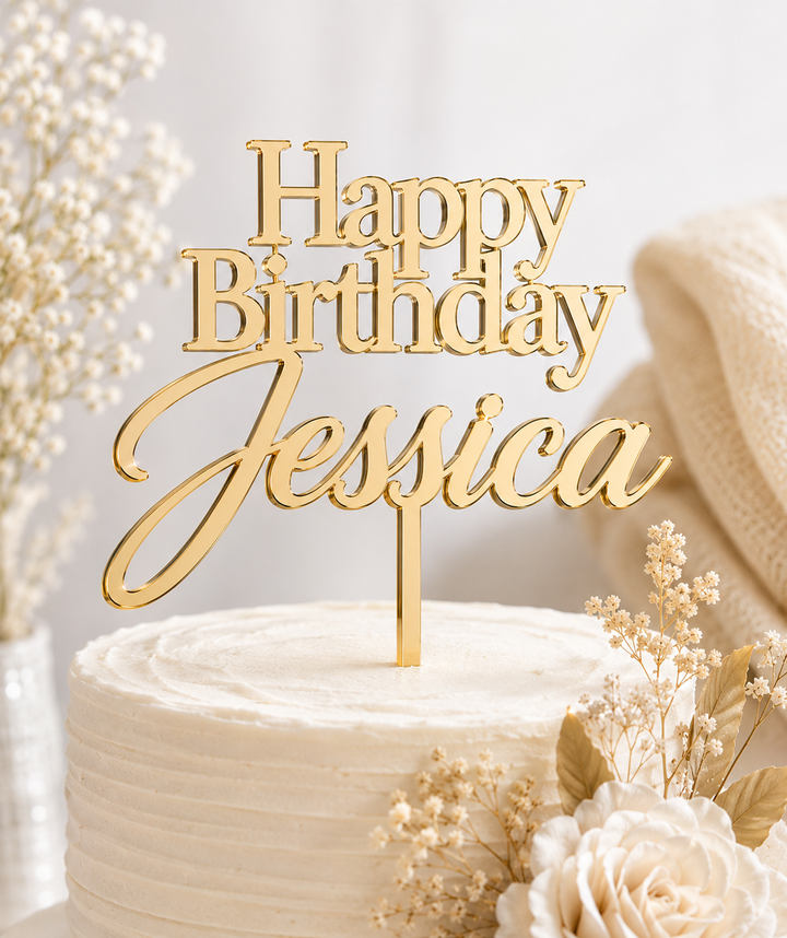 Personalised mirror acrylic happy birthday name cake topper – laser-cut in gold or rose gold – Etch 'N' Shine