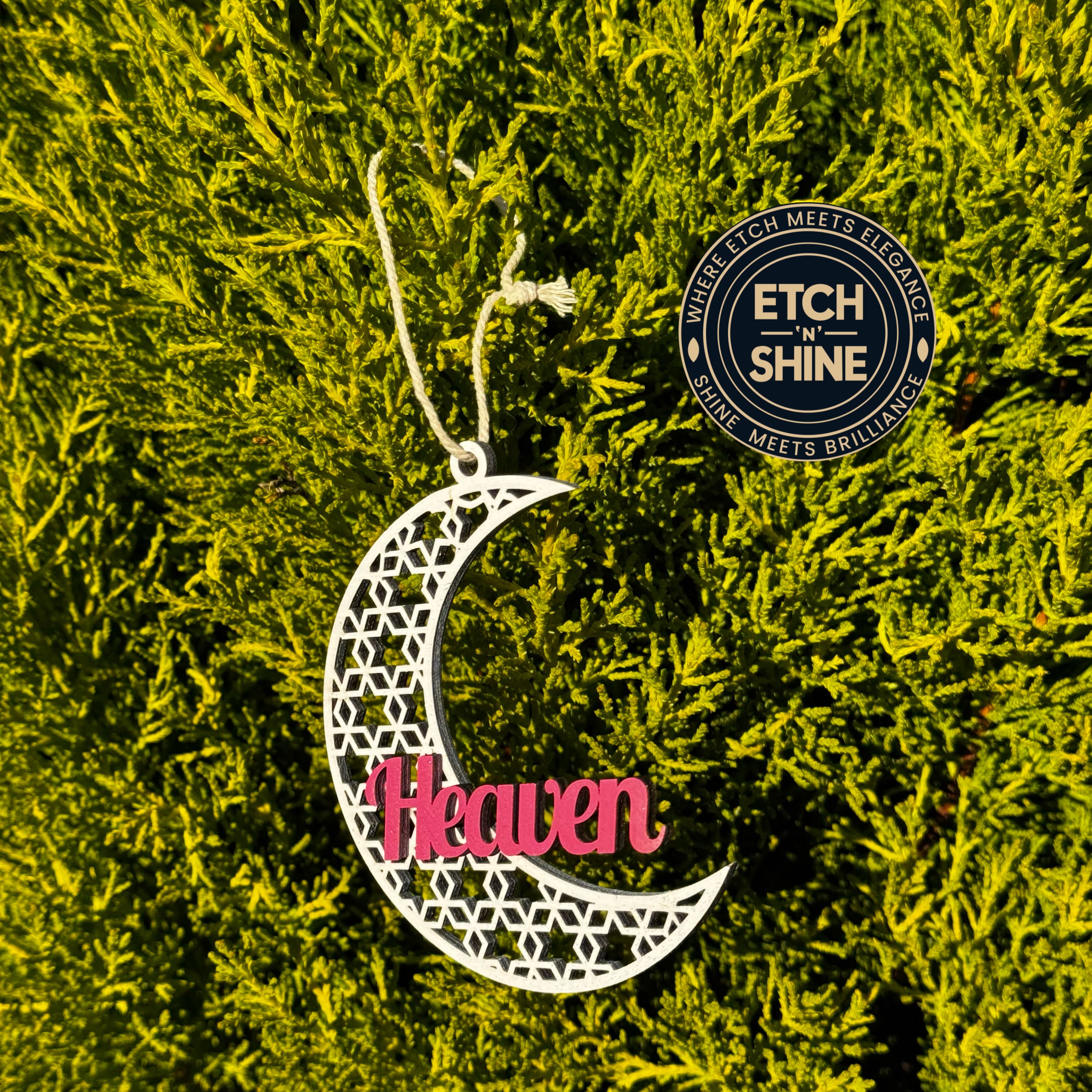 Decorative moon-shaped ornament with 'Heaven' text on a green textured background, featuring the Etch 'n Shine logo.