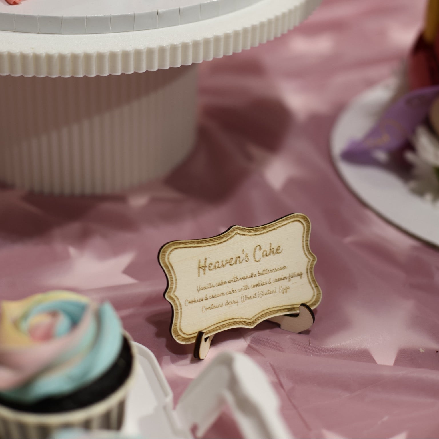 Engraved wooden table sign with custom text on a stand, on a decorated table – personalised wooden food sign – Etch 'N' Shine