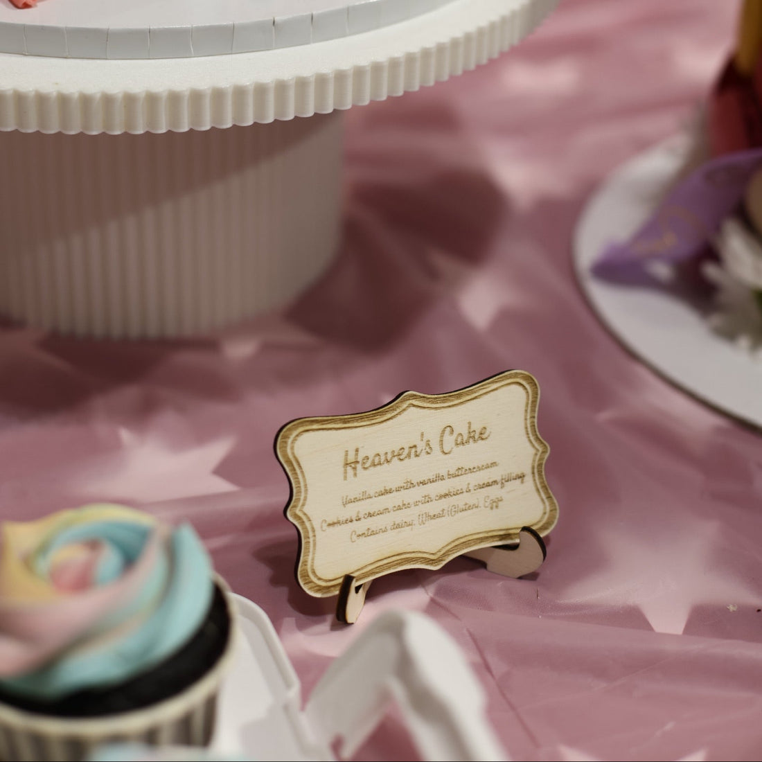 Engraved wooden table sign with custom text on a stand, on a decorated table – personalised wooden food sign – Etch 'N' Shine