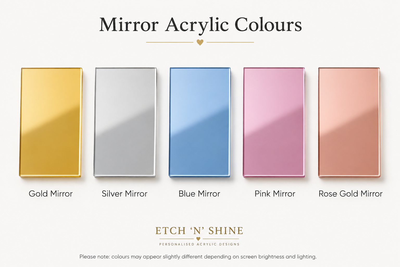 Five rectangular panels in gold, silver, blue, pink, and rose gold with 'Etch N Shine' branding.