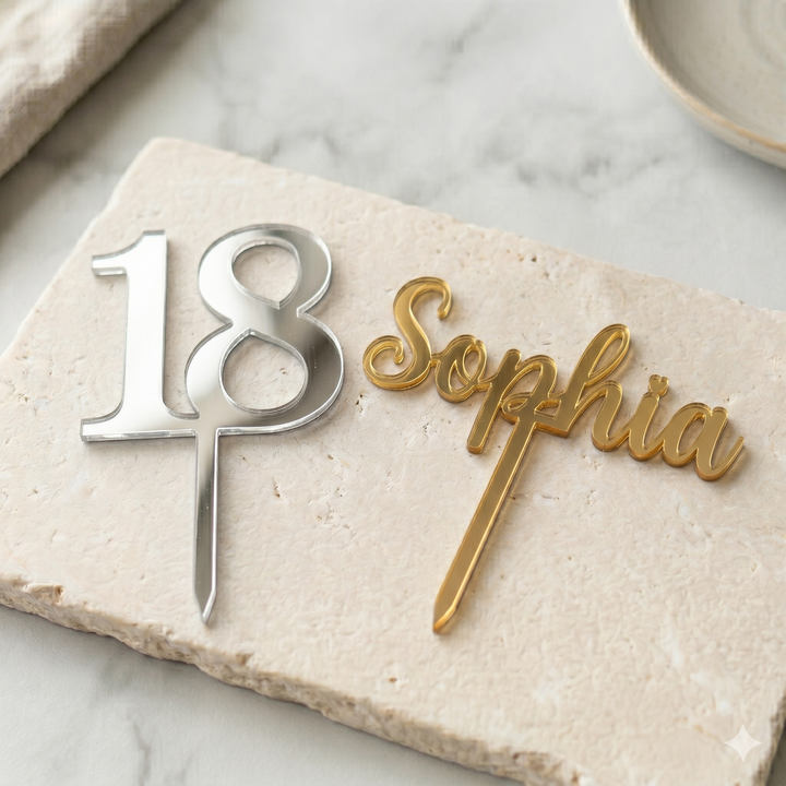 Silver '18' and gold 'Sophia' cake toppers on a stone surface.