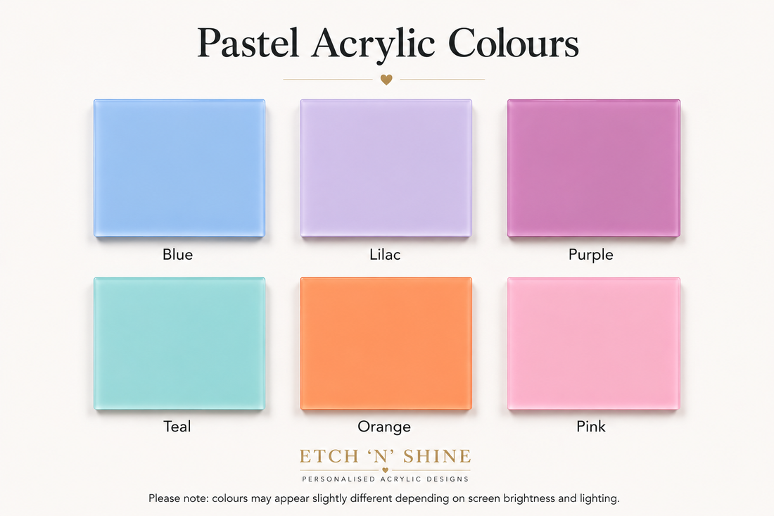 Pastel acrylic color swatches labeled Blue, Lilac, Purple, Teal, Orange, and Pink on a white background with 'Etch N' Shine' branding.