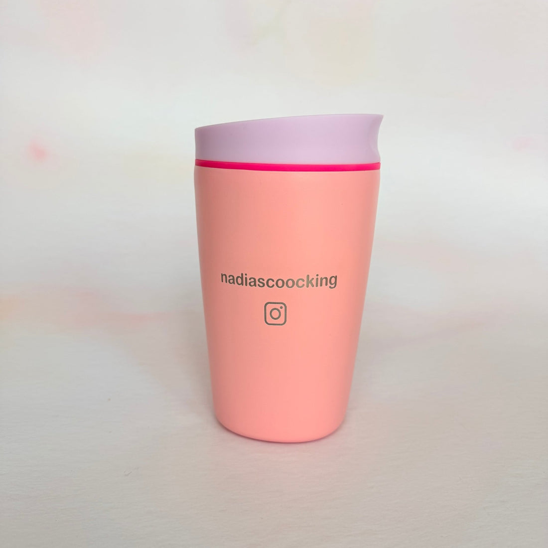 Pink travel tumbler with custom text and social icon – personalised steel travel tumbler – Etch 'N' Shine