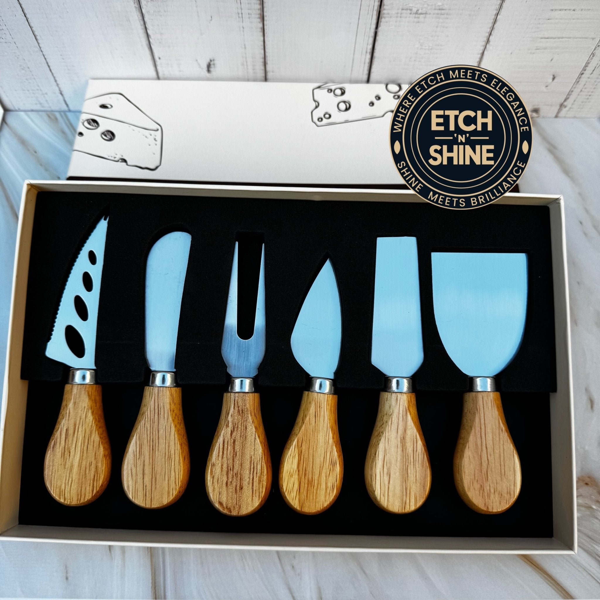 Six-piece cheese knife set in gift box – personalised steel and acacia knife set – Etch 'N' Shine