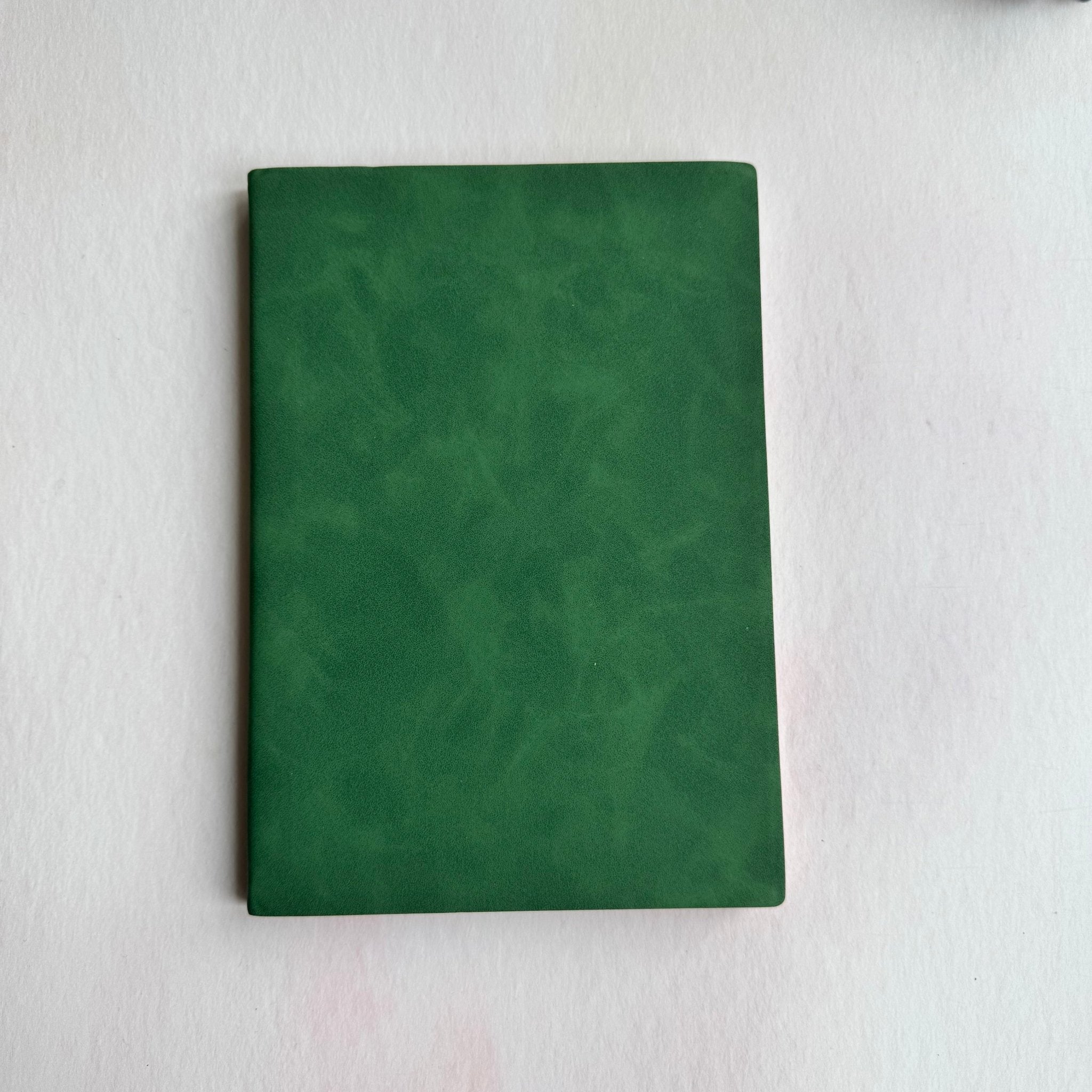 Green faux leather A5 notebook showing plain back cover – personalised faux leather notebook – Etch 'N' Shine