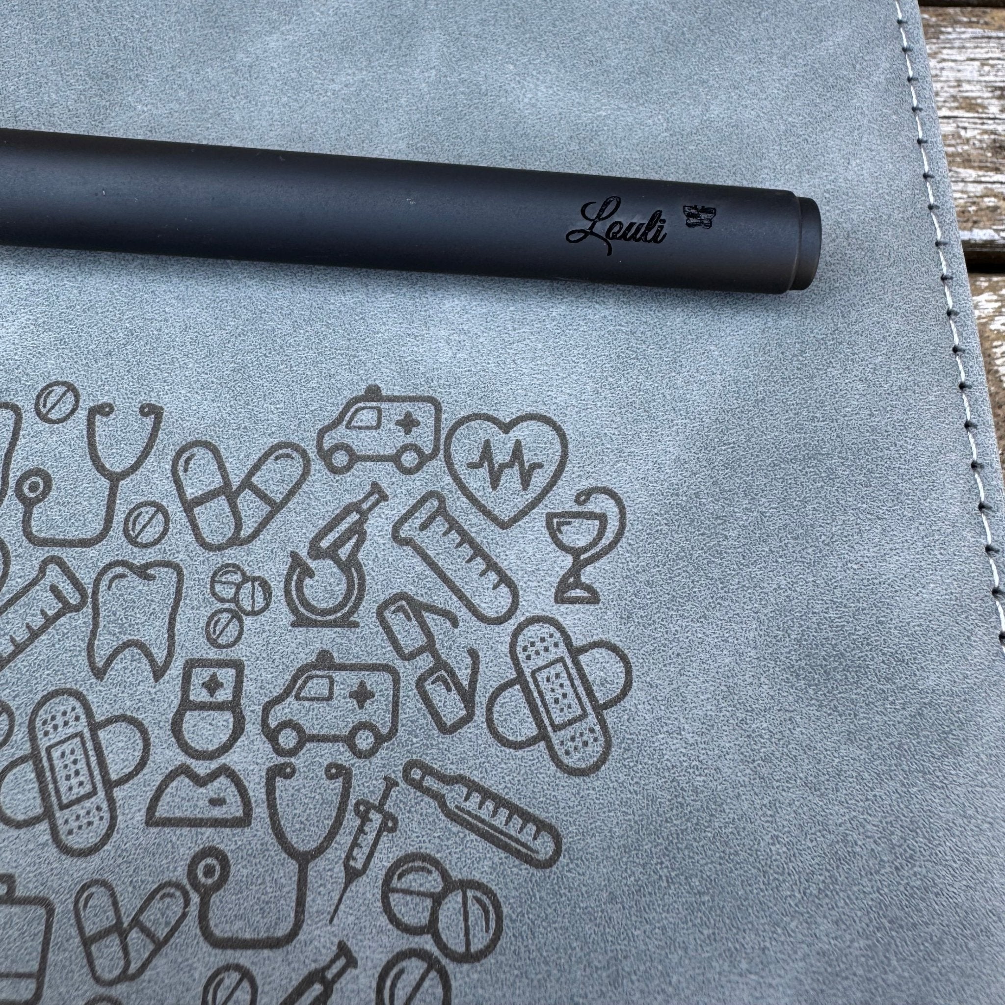 Grey leather notebook with medical icons and engraved pen with custom name – Etch 'N' Shine